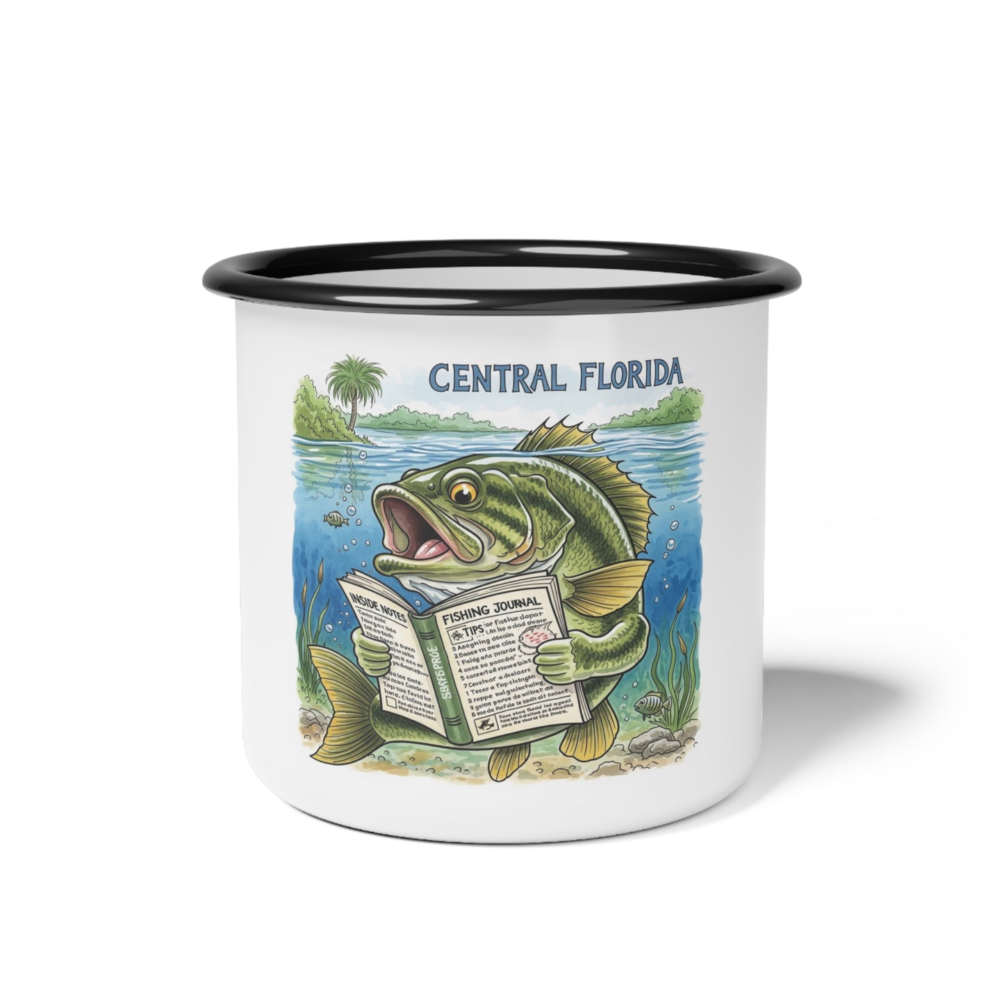 Mug with a fish reading a newspaper design, labeled 'Central Florida'.