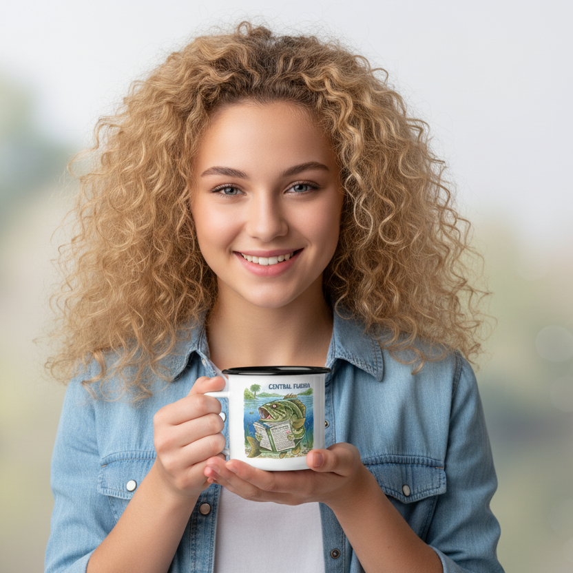 Woman holding a mug with a scenic fishing design against a blurred background