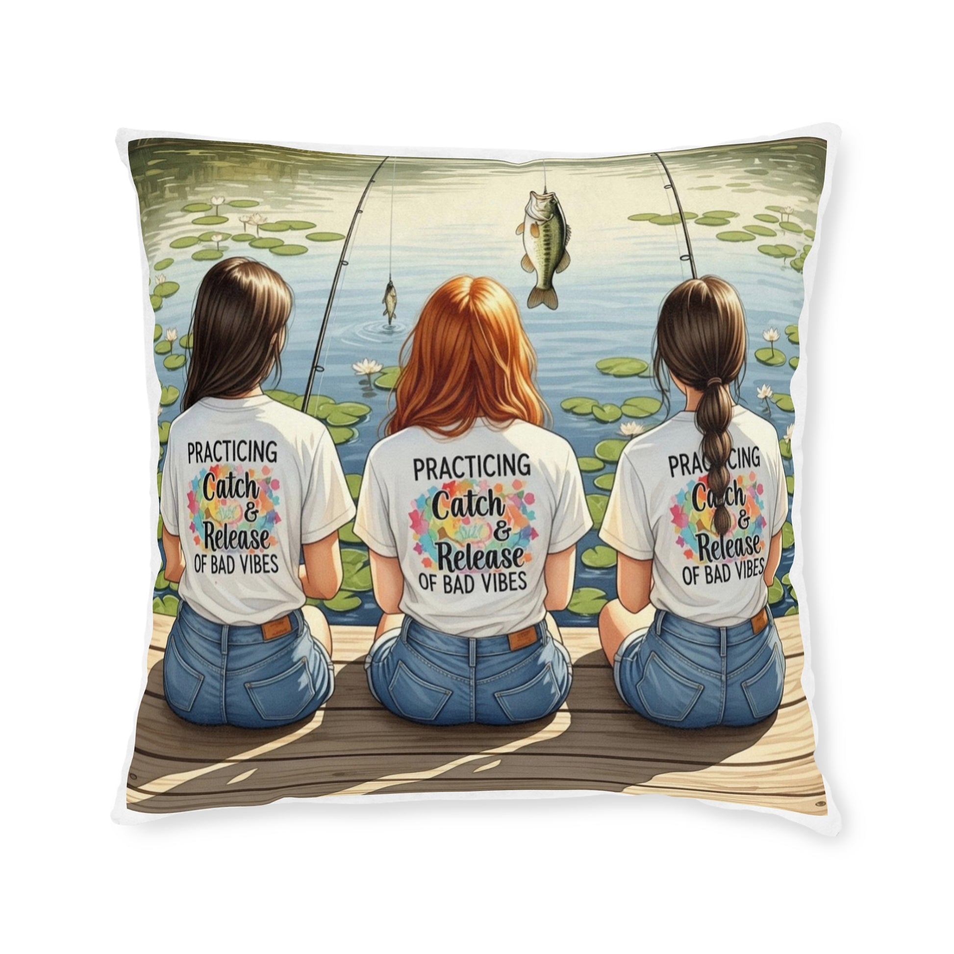 Pillow with a design of three people fishing on a dock, each wearing a shirt with a humorous message.