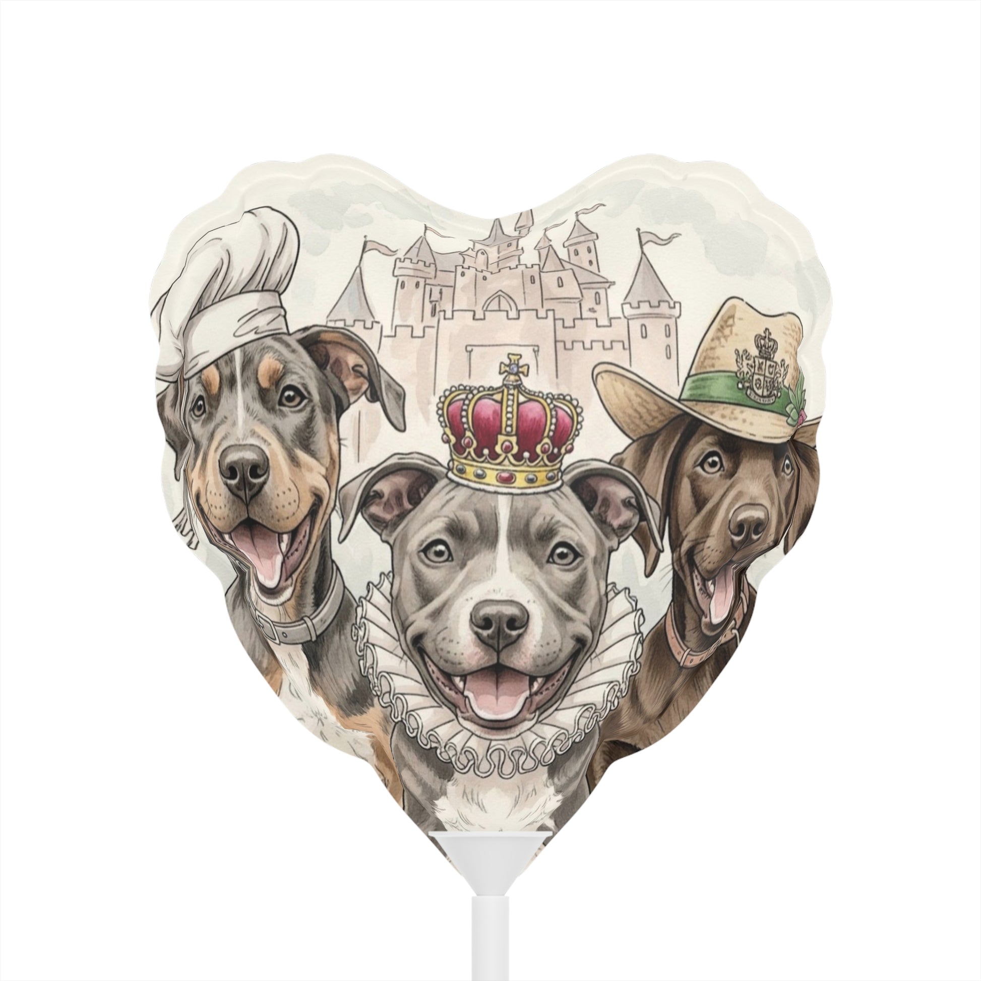 Heart-shaped balloon with illustrations of dogs wearing hats and a castle in the background