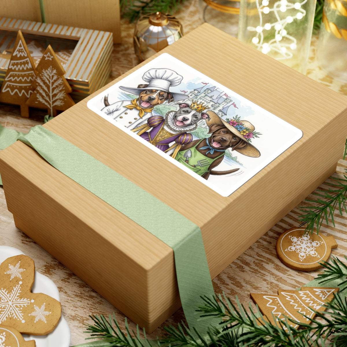 Wooden gift box with a decorative card featuring cartoon characters on a festive background.