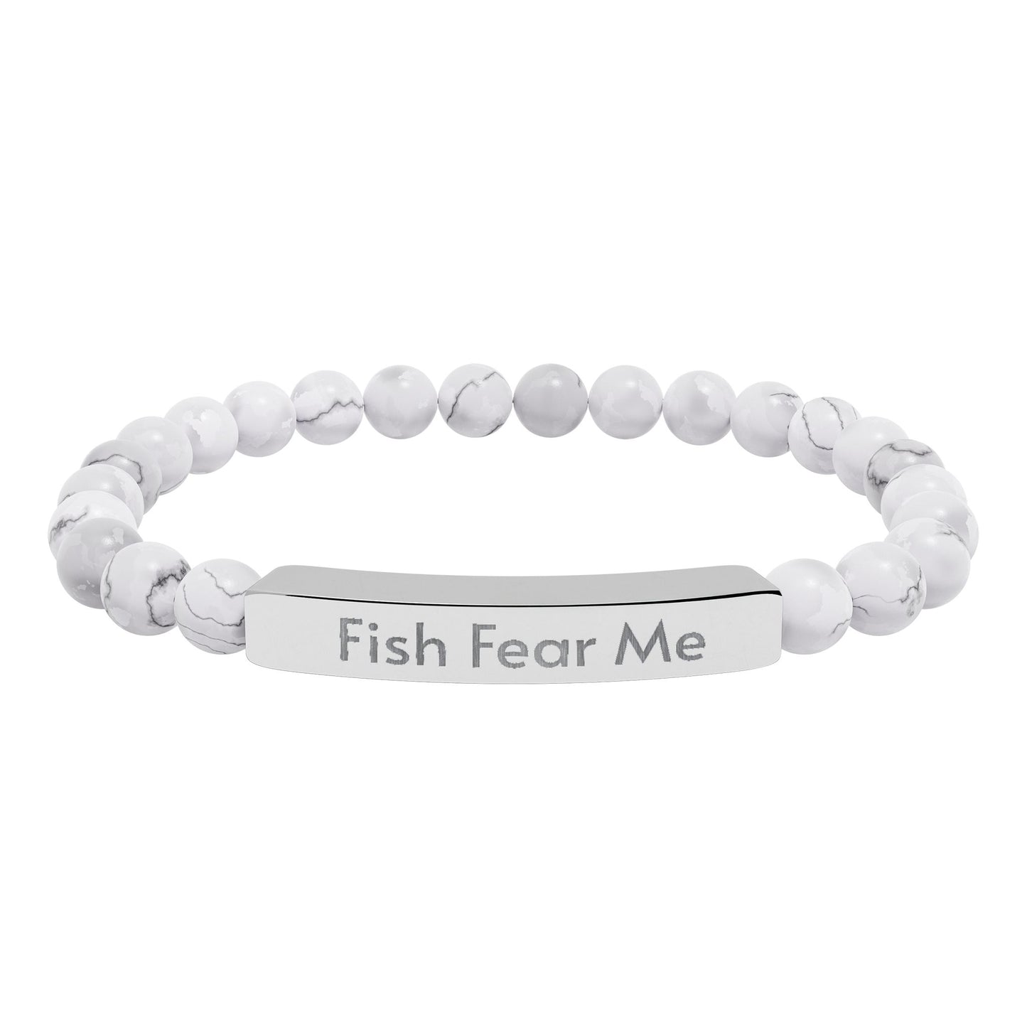 White beaded bracelet with a silver tag reading 'Fish Fear Me' on a white background