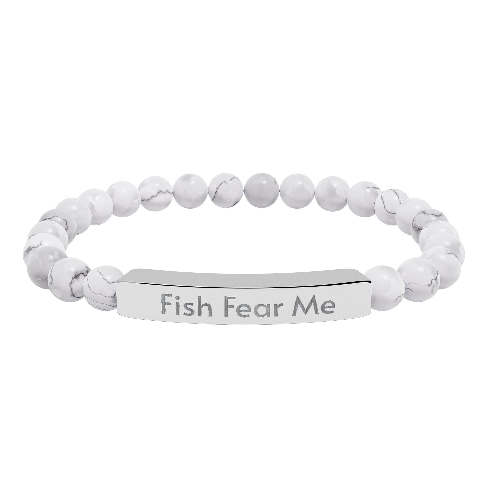 White beaded bracelet with a silver tag reading 'Fish Fear Me' on a white background