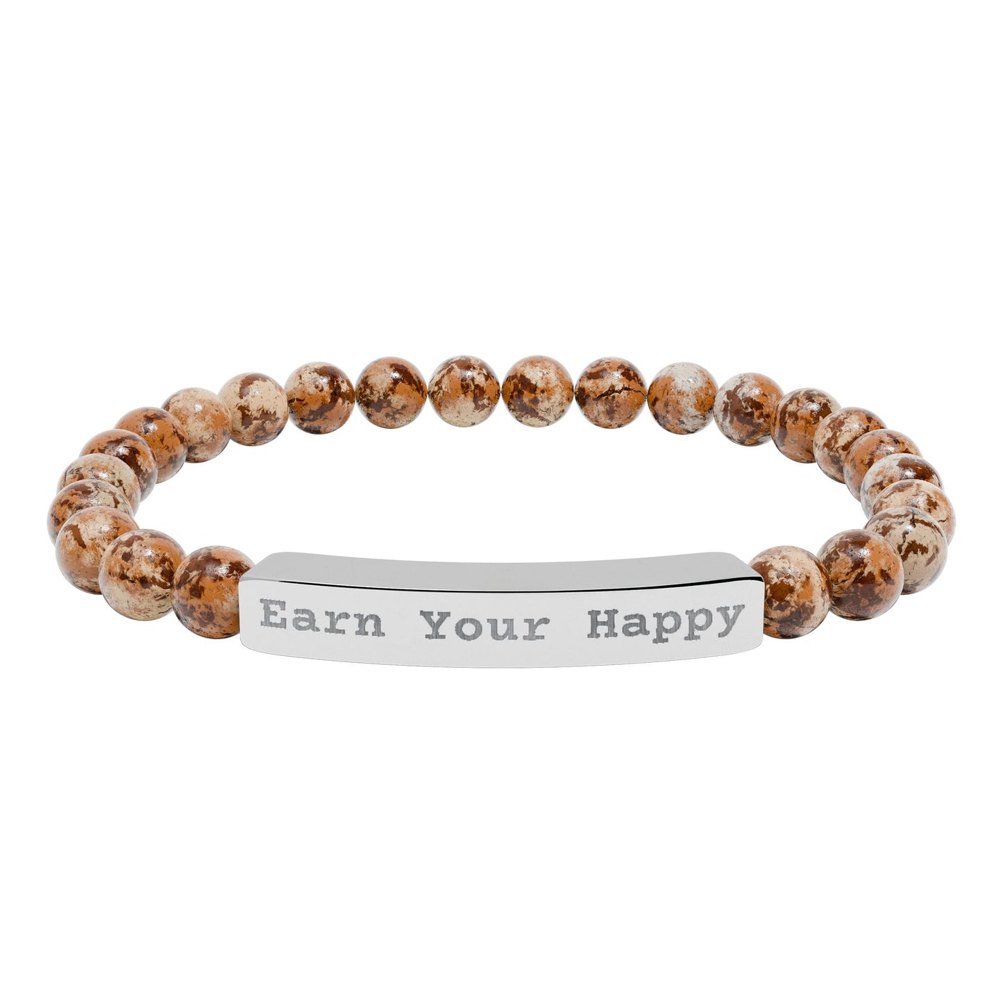Natural Stone stretch bracelet with brown beads and 'Earn Your Happy' bar on a white background