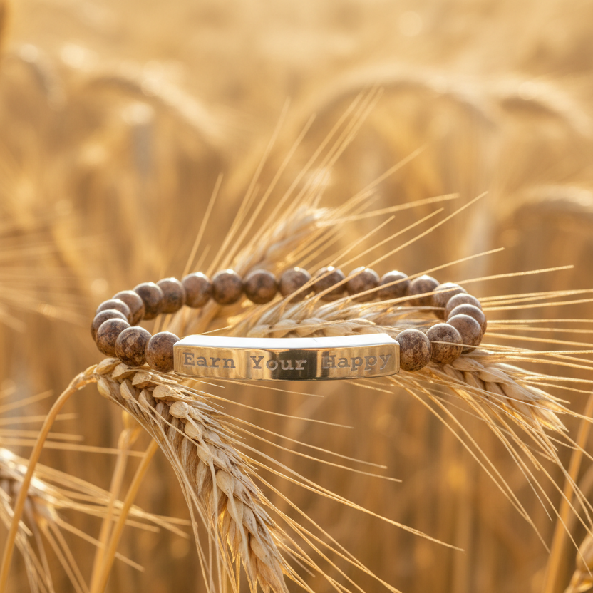 Natural Stone stretch bracelet with 'Earn Your Happy' message on a gold bar on a wheat stalk in a field