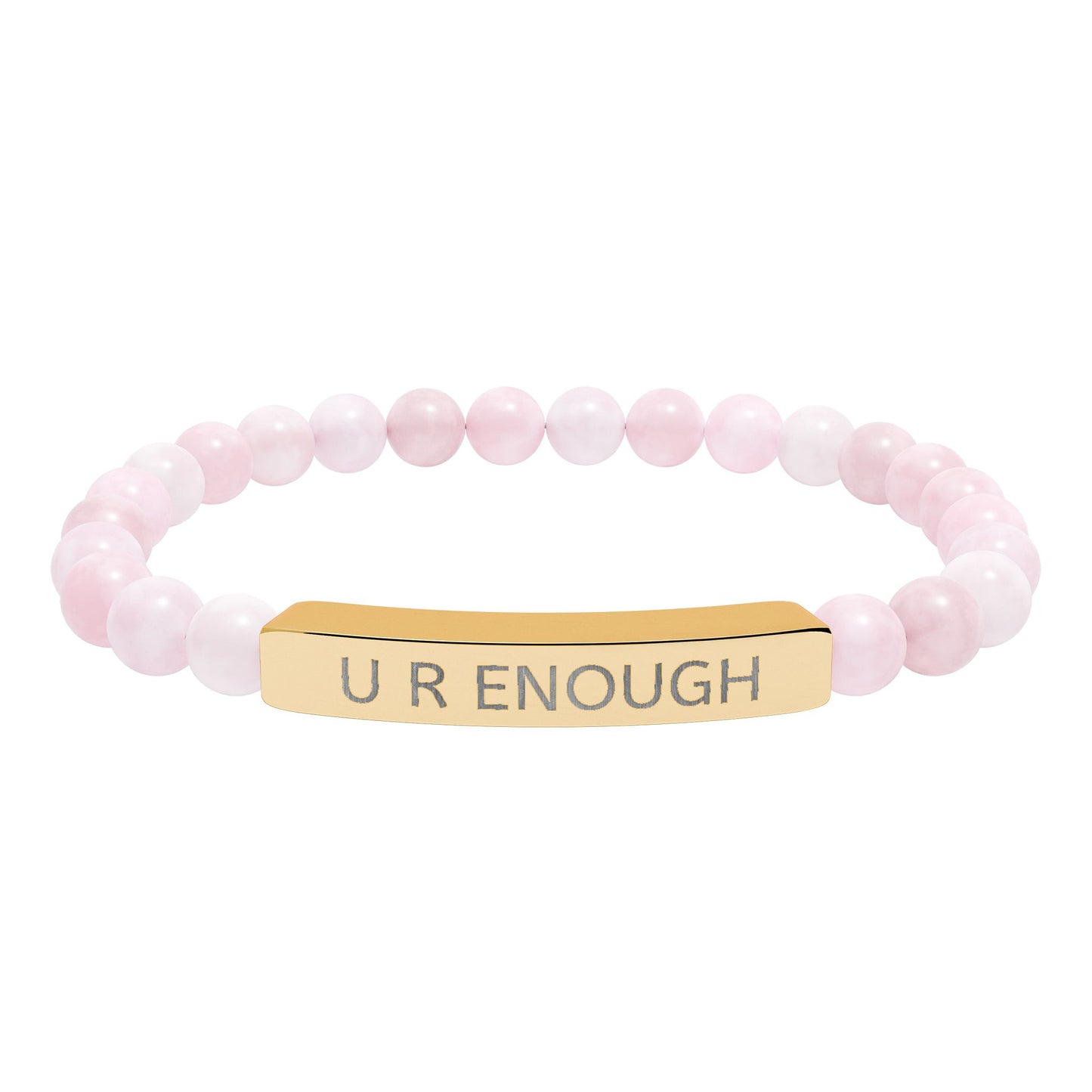 Pink natural stone beaded bracelet with a gold bar featuring 'U R ENOUGH' on a white background