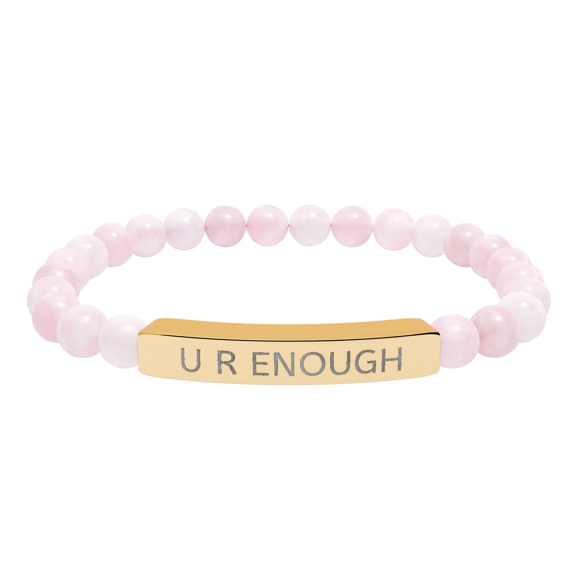 Pink natural stone beaded bracelet with a gold bar featuring 'U R ENOUGH' on a white background