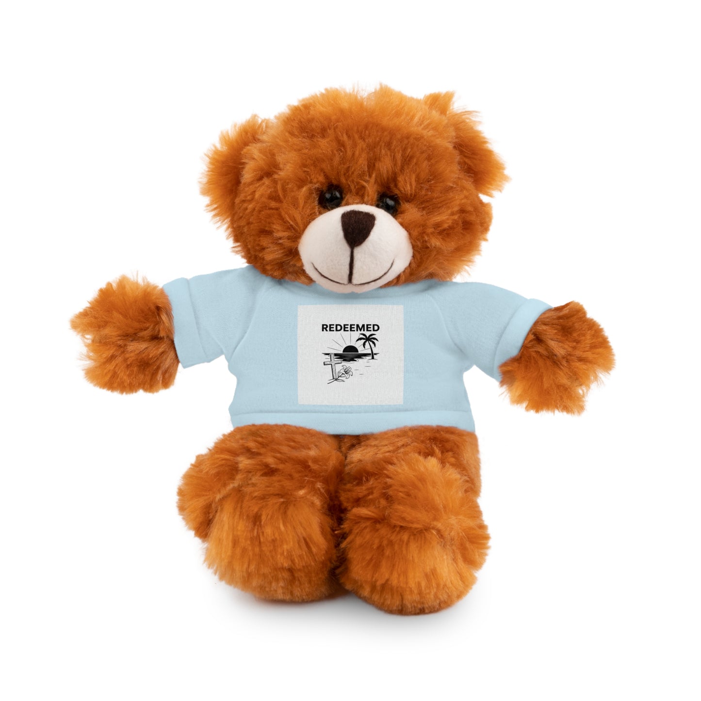 Brown teddy bear wearing a blue shirt with a 'REDEEMED' label on a white background