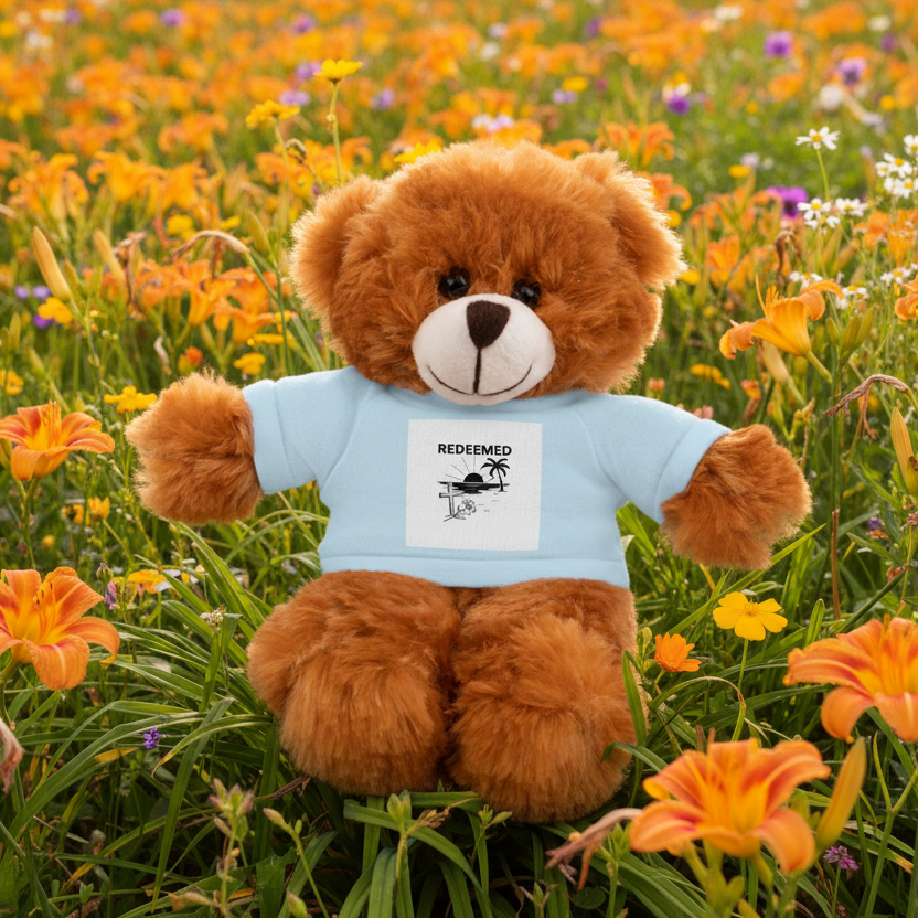 Teddy Bear in blue t-shirt with Redeemed message.