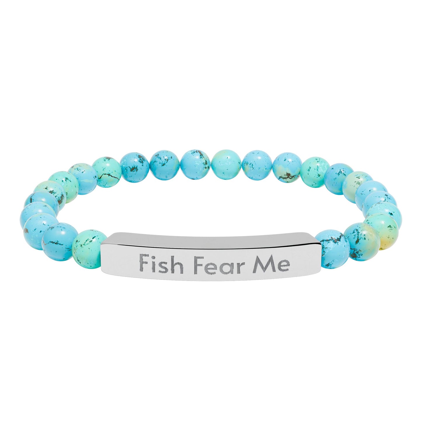Fish Fear Me Engraved Stone Bracelet | Natural Beaded Stretch Jewelry