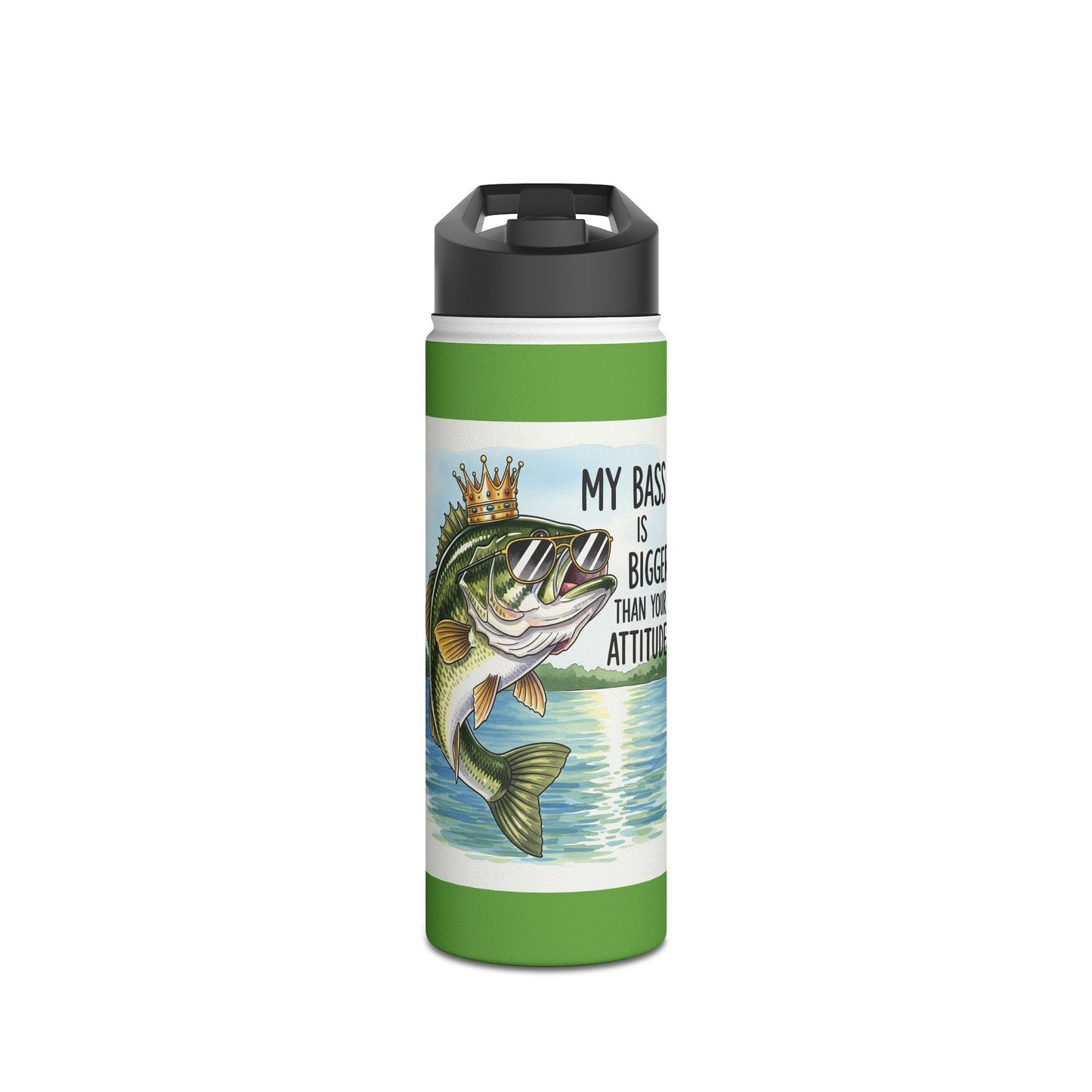 Water bottle with a fish design and text on a white background
