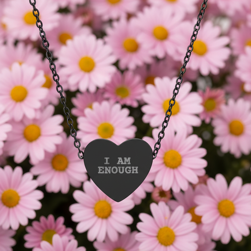 Heart-shaped necklace with 'I AM ENOUGH' text on a background of pink flowers