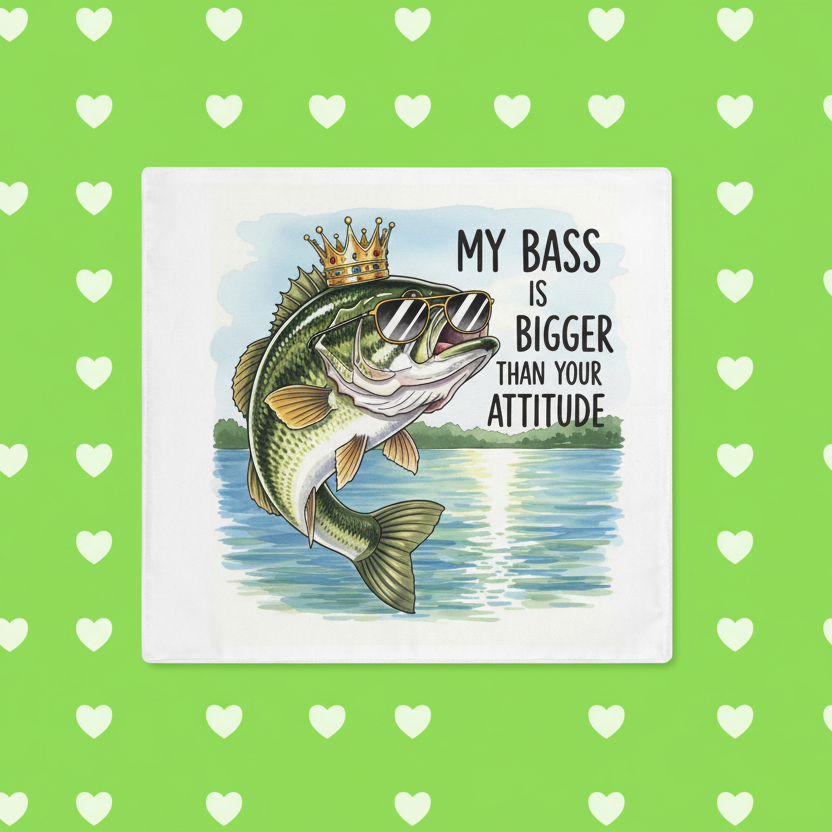 Fishing-themed placemat  with a bass fish wearing sunglasses and a crown, on a green background with heart patterns.
