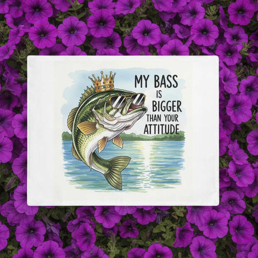 Lake House decor placemat  with a bass illustration and text on a purple flower background