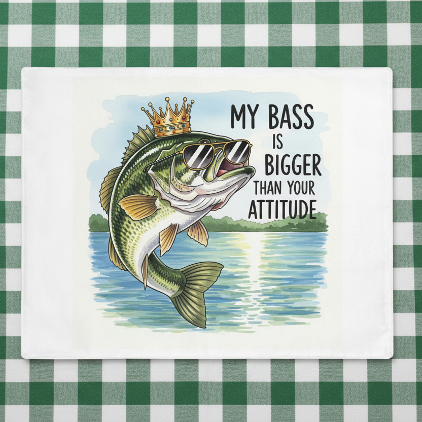 Table place mat with a bass fish illustration and text on a green and white checkered background