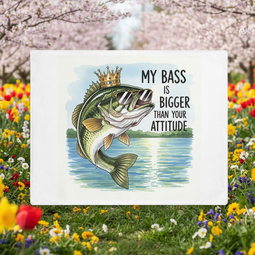 Fishing-themed  table place at  a bass and sunglasses, surrounded by flowers and trees.