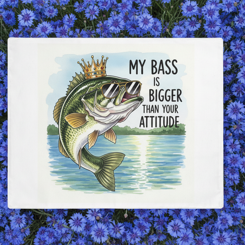 Place mat image of a  Large mouth bass with a crown and text 'My bass is bigger than your attitude' on a floral background