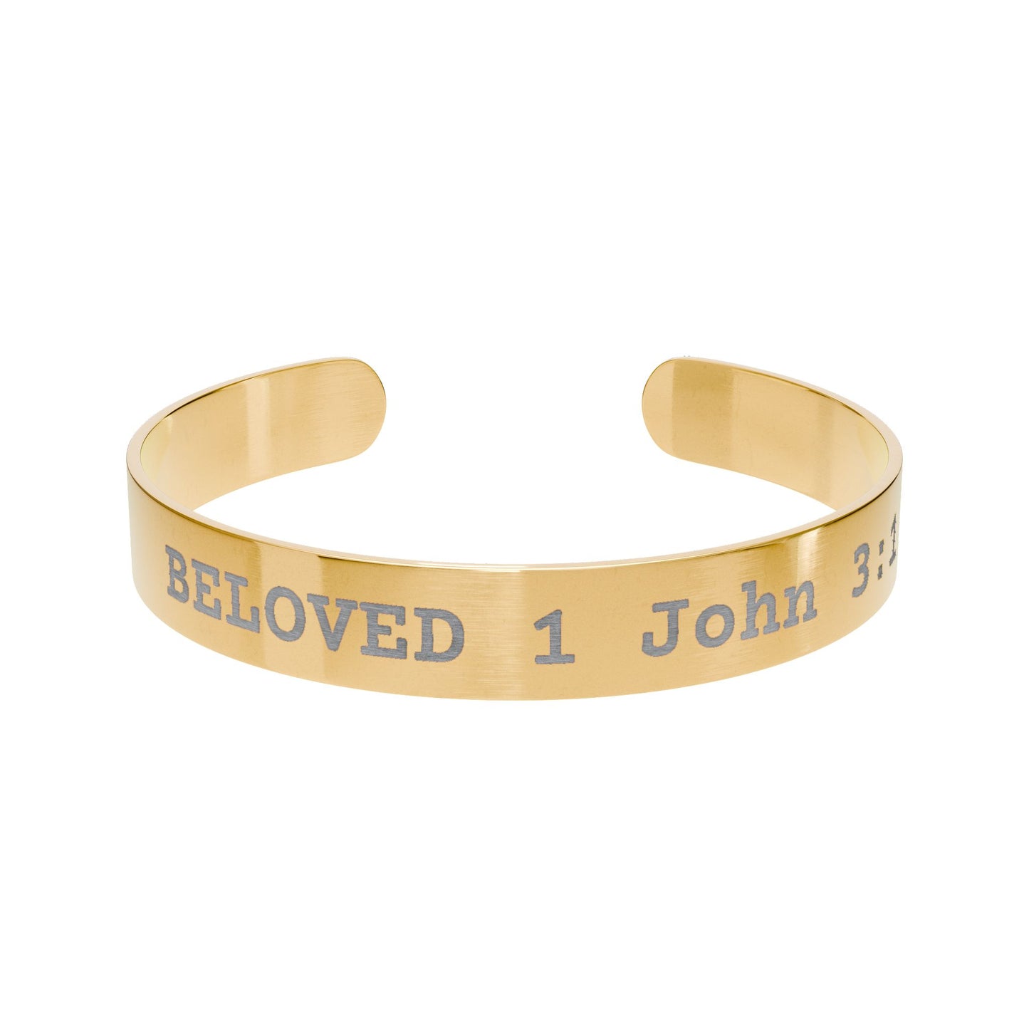Gold cuff bracelet with engraved text on a white background