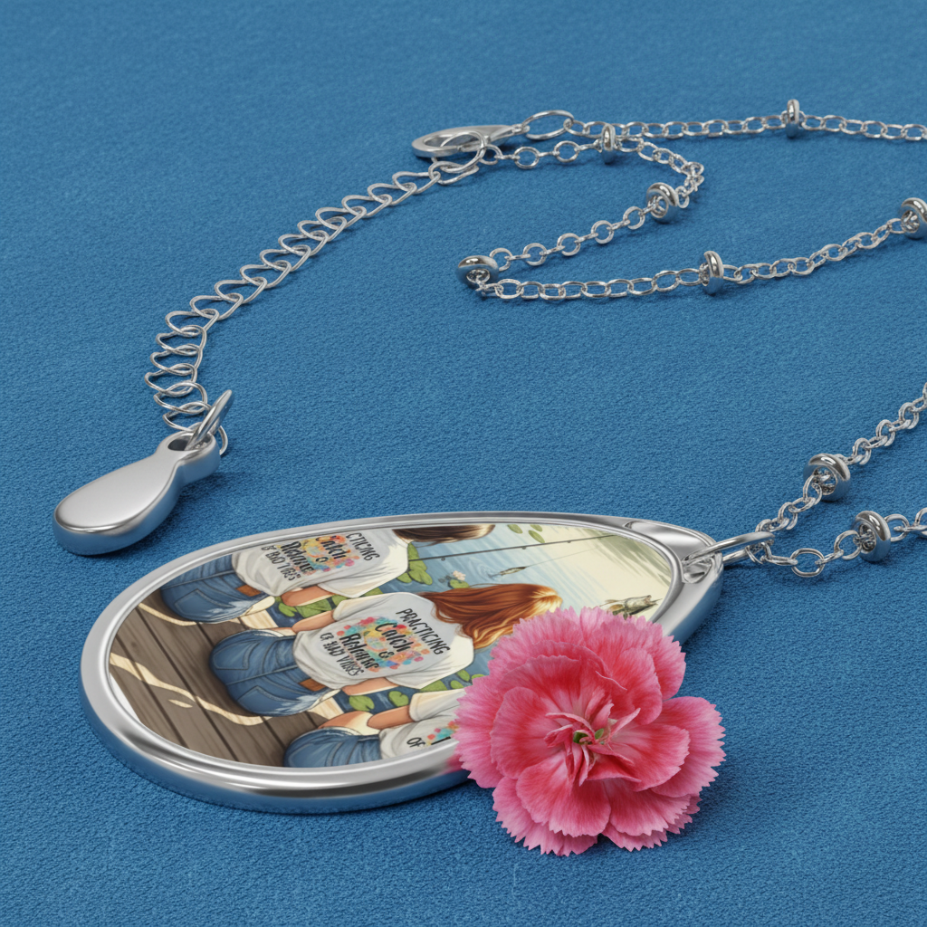 Necklace with a pendant featuring a colorful design on a blue background