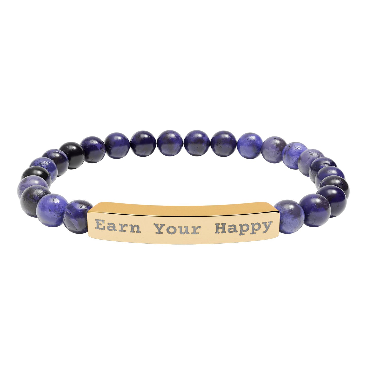Natural Stone stretch beaded bracelet with dark blue beads and a gold bar reading 'Earn Your Happy' on a white background