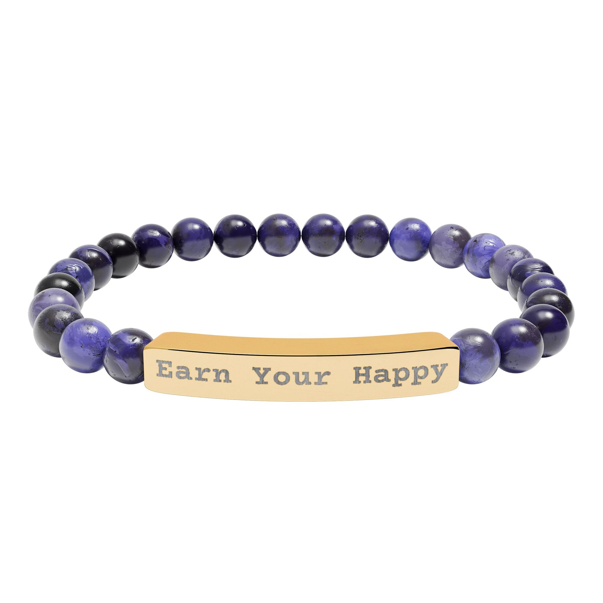 Natural Stone stretch beaded bracelet with dark blue beads and a gold bar reading 'Earn Your Happy' on a white background