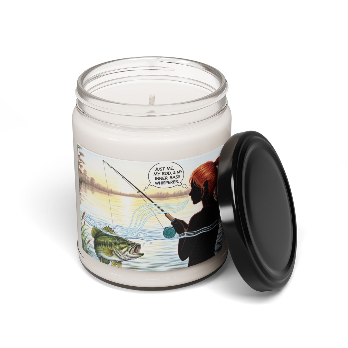 Candle jar with a fishing-themed label on a white background