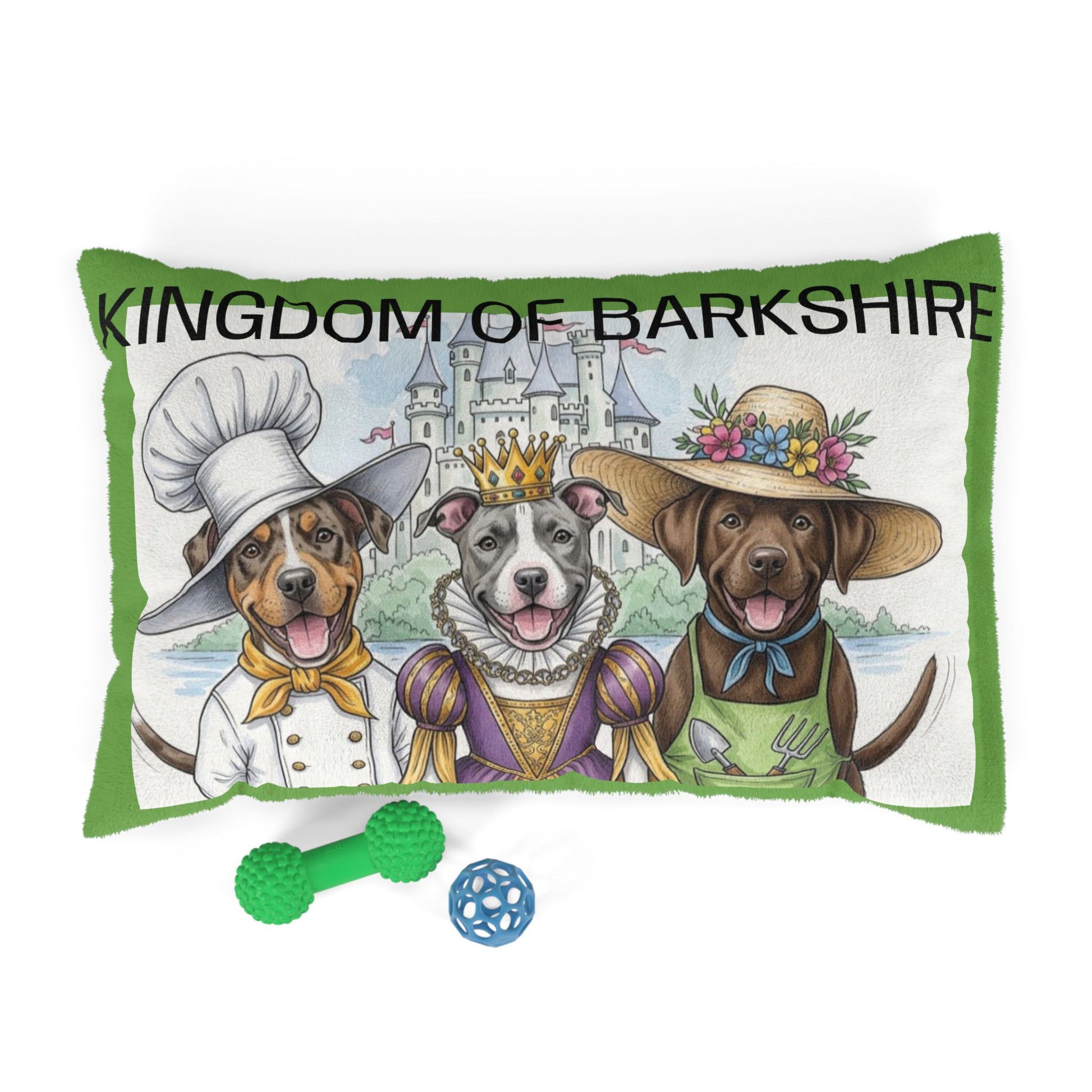Decorative pet bed pillow with dog characters from the Kingdom of Barkshire story 