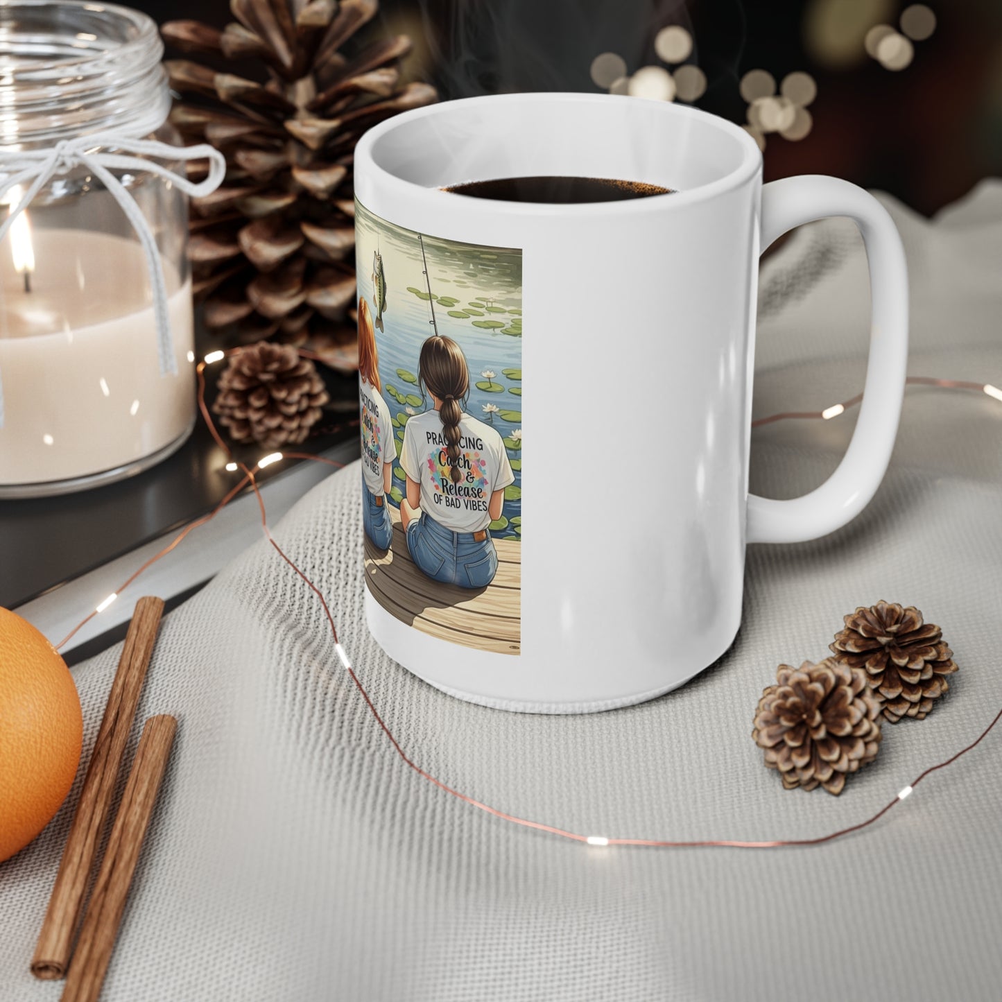 Fishing Friends Ceramic Coffee Mug - Practicing Catch & Release, Fisherman's Gift, Outdoor Enthusiast Cup, Relaxation Beverage Holder