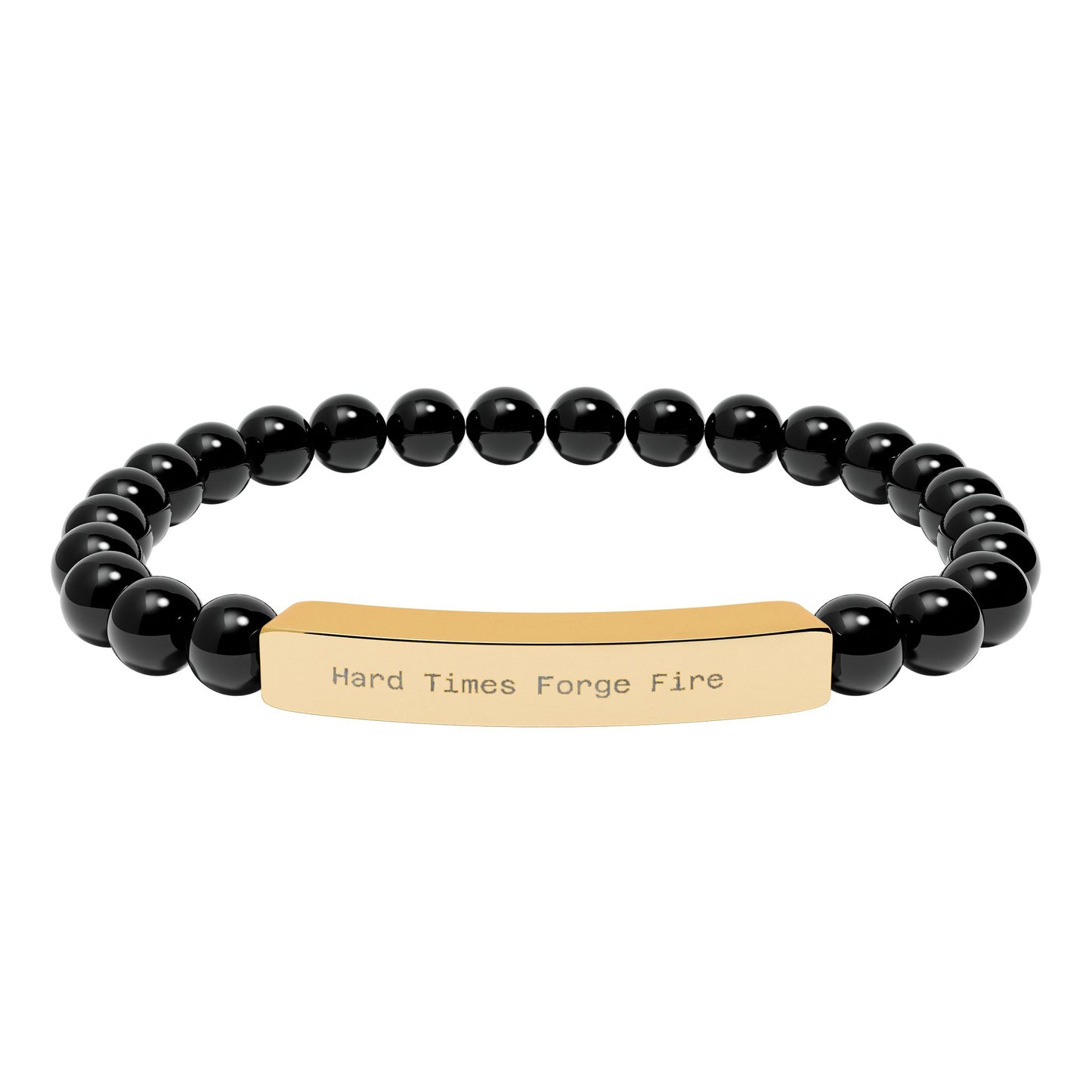 Black beaded bracelet with a gold tag on a white background
