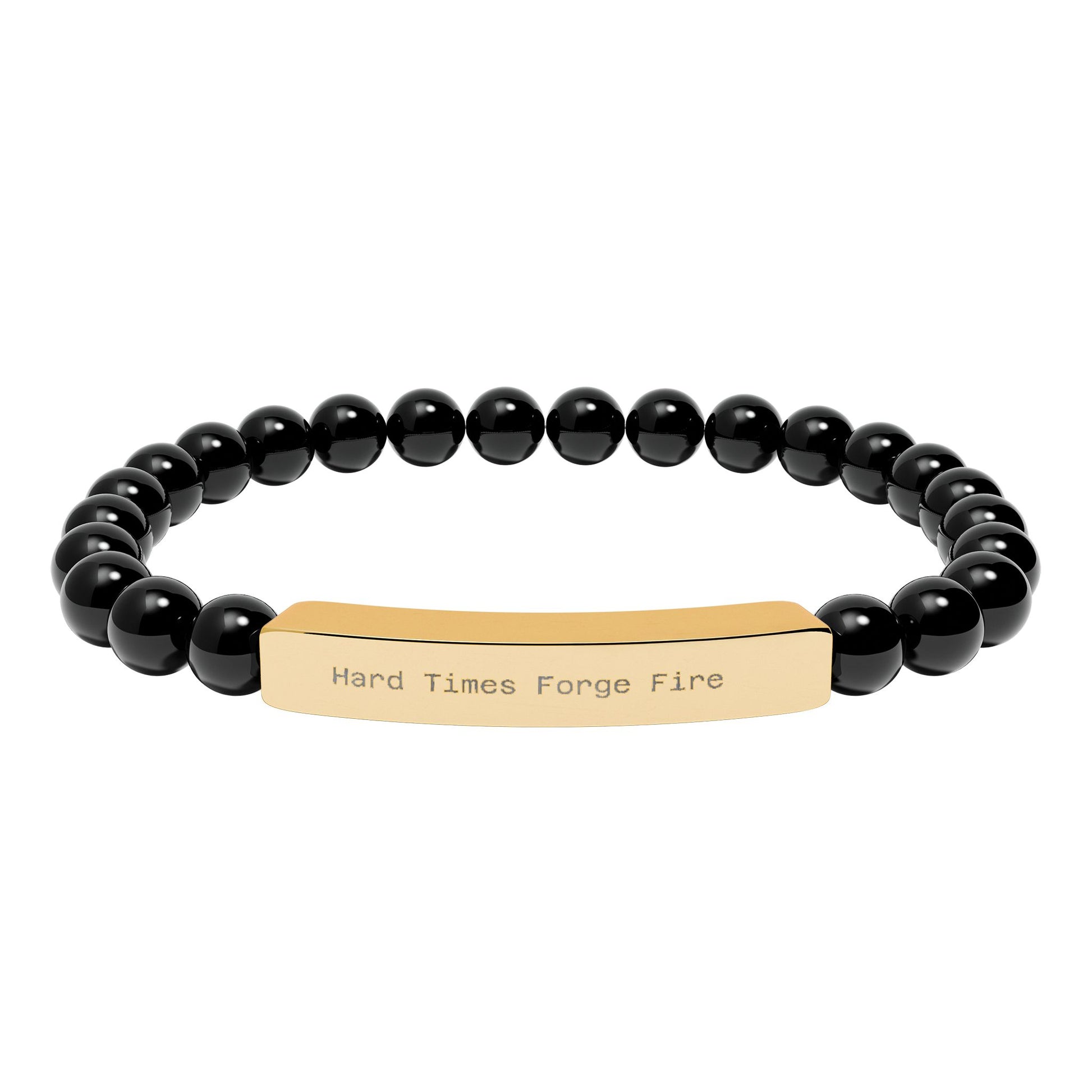 Black beaded bracelet with a gold tag on a white background