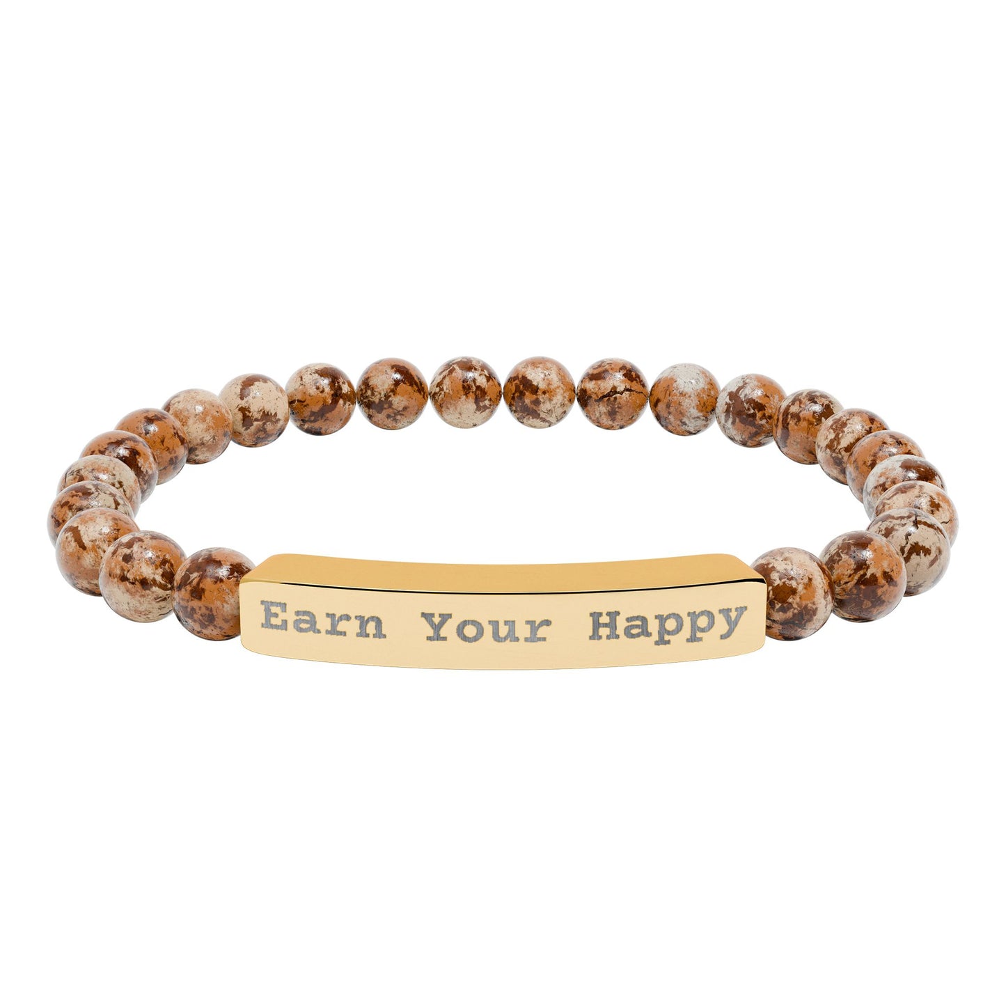 Natural Stone stretch beaded bracelet with gold bar engraved 'Earn Your Happy' on a white background