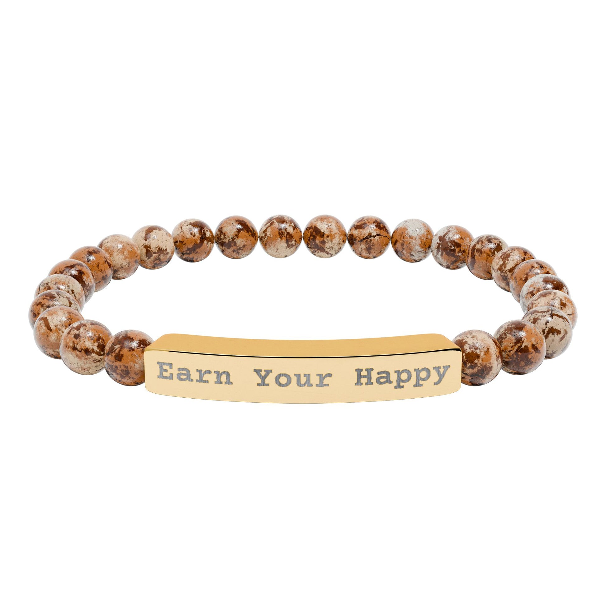 Natural Stone stretch beaded bracelet with gold bar engraved 'Earn Your Happy' on a white background