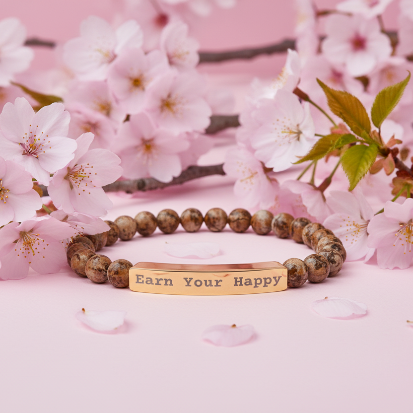 Natural Stone stretch beaded bracelet with gold bar message "Earn Your Happy" on a background of apple blossoms