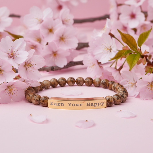 Natural Stone stretch beaded bracelet with gold bar message "Earn Your Happy" on a background of apple blossoms
