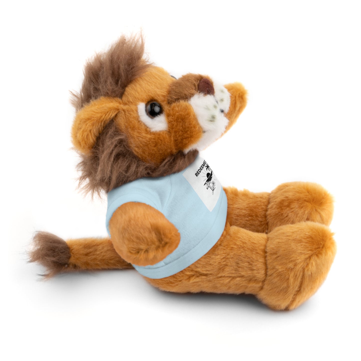 Plush lion toy with a blue t-shirt on a white background