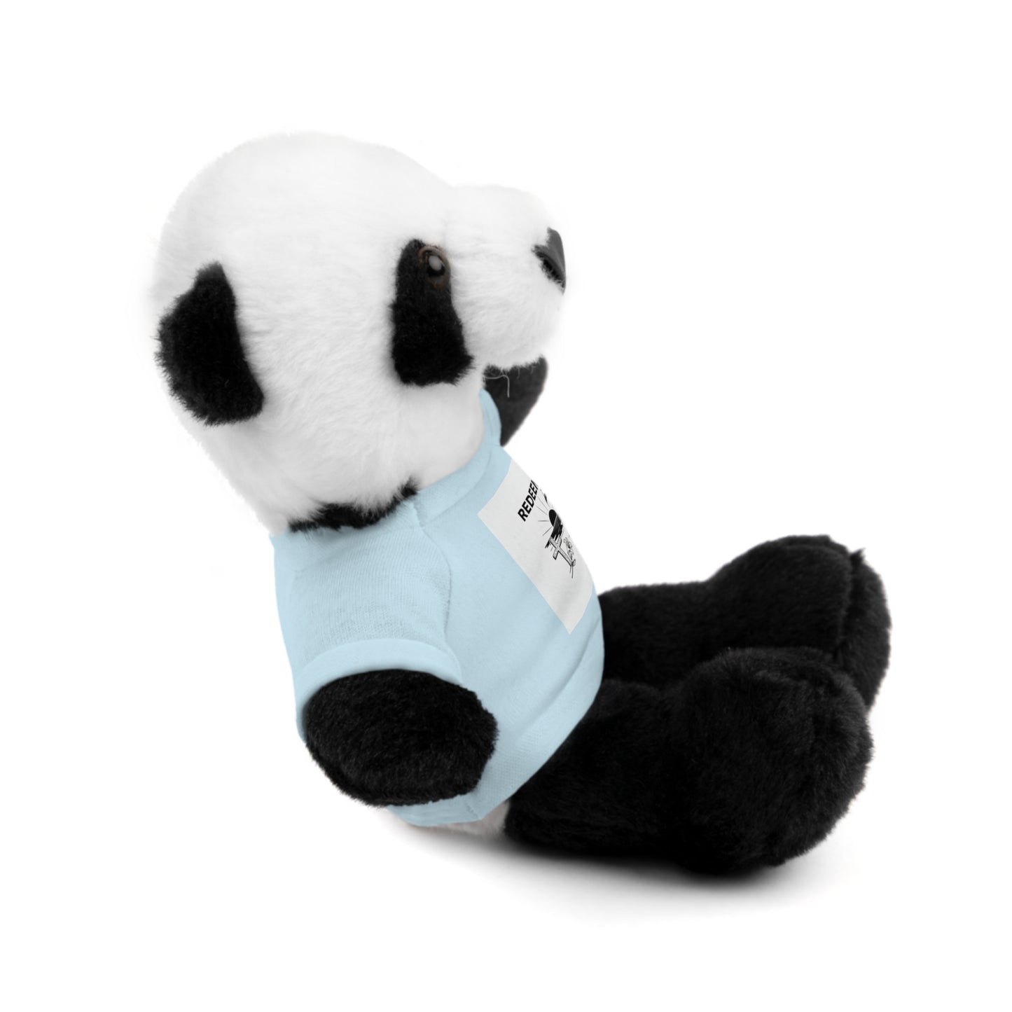 Plush panda toy wearing a light blue outfit on a white background