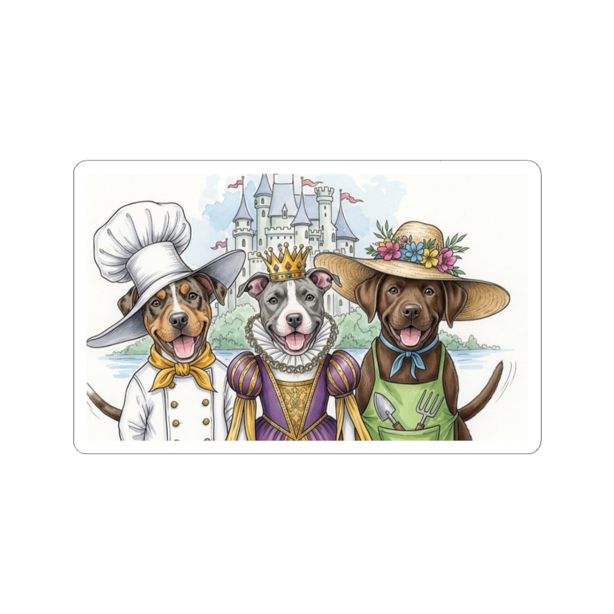 Illustration of Queen June, Sir Slim, and Sir Hank with a castle in the background