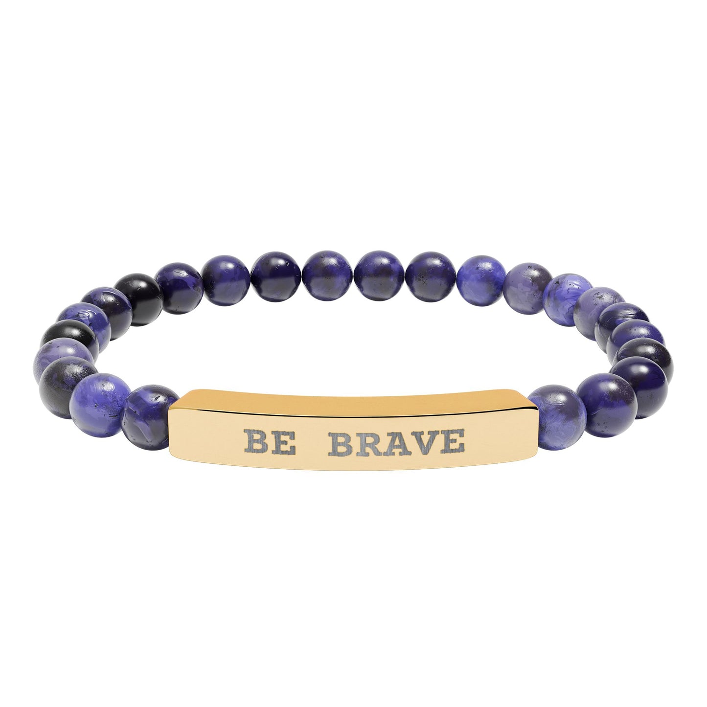 Natural Stone dark blue beaded stretch Bracelet  and gold bar engraved reading 'BE BRAVE' on a white background

