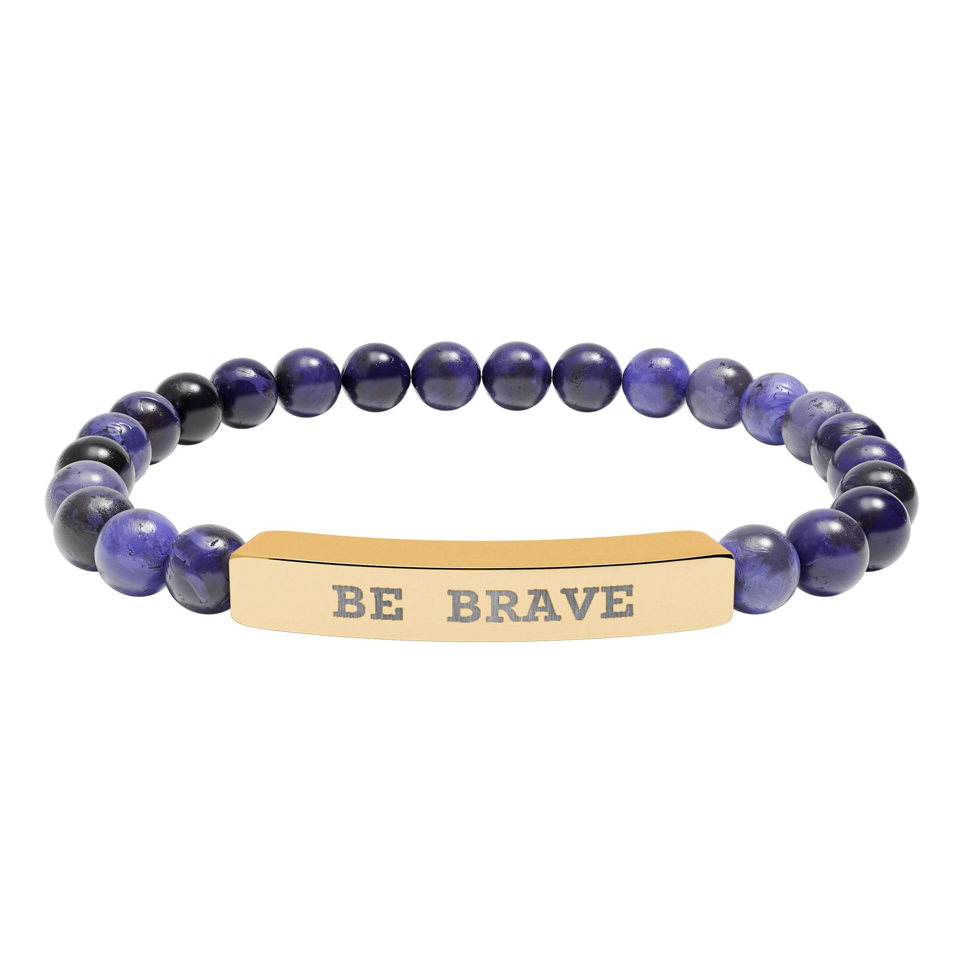 Natural Stone dark blue beaded stretch Bracelet  and gold bar engraved reading 'BE BRAVE' on a white background

