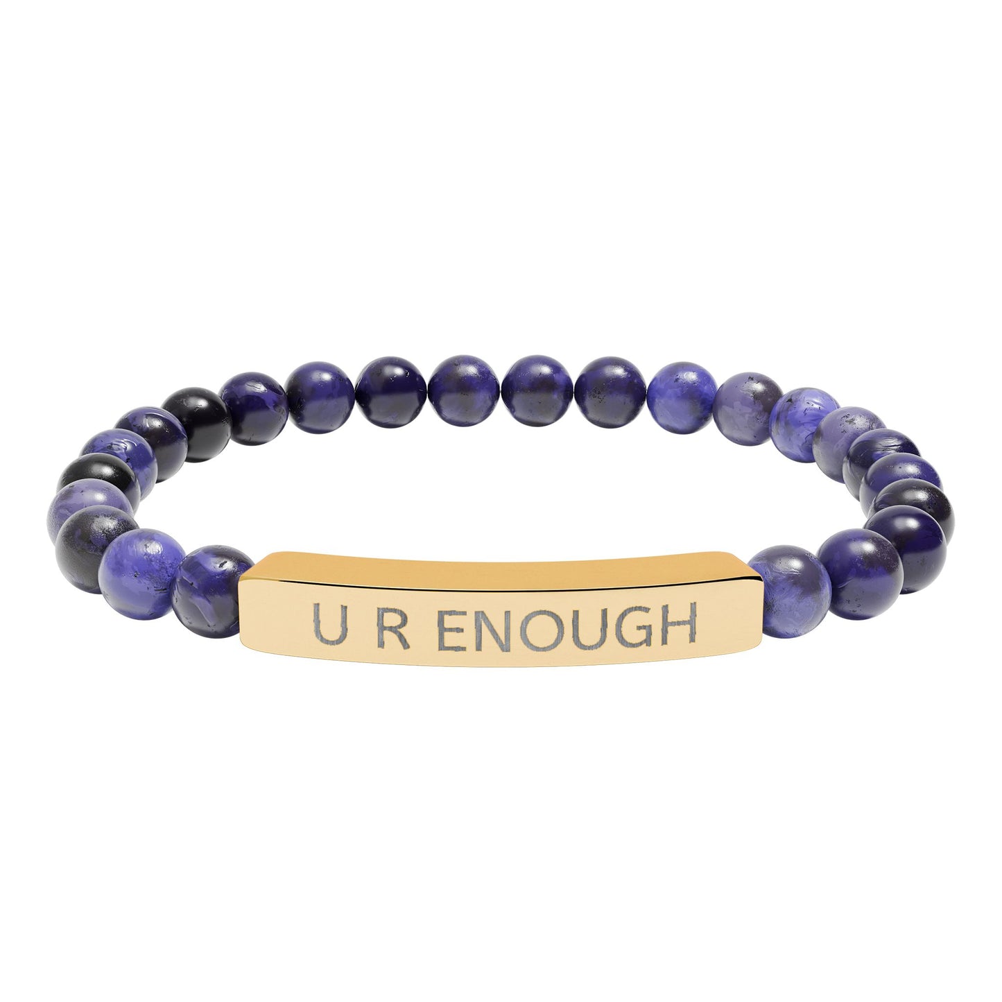 Bracelet with navy colored natural stone beads and gold tag labeled 'Battle-Tested' on a white background/