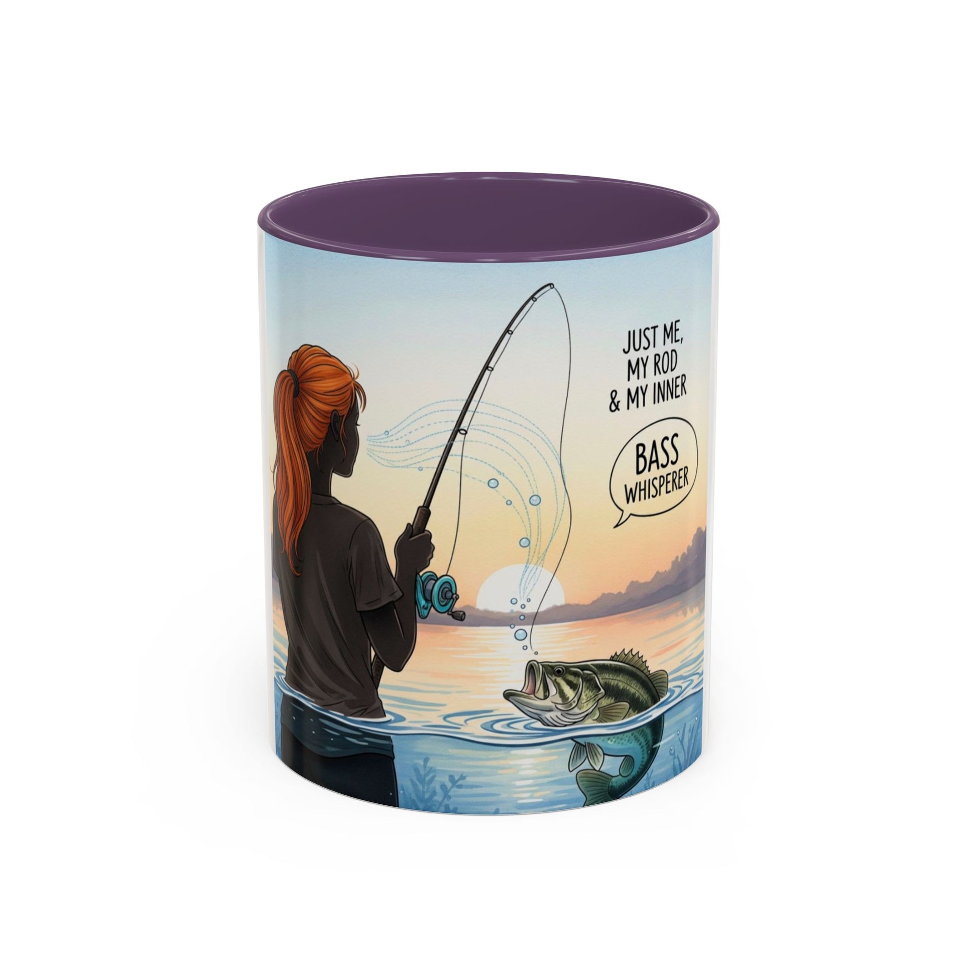 Ceramic mug with a fishing-themed design featuring a person, rod, and fish, on a white background.