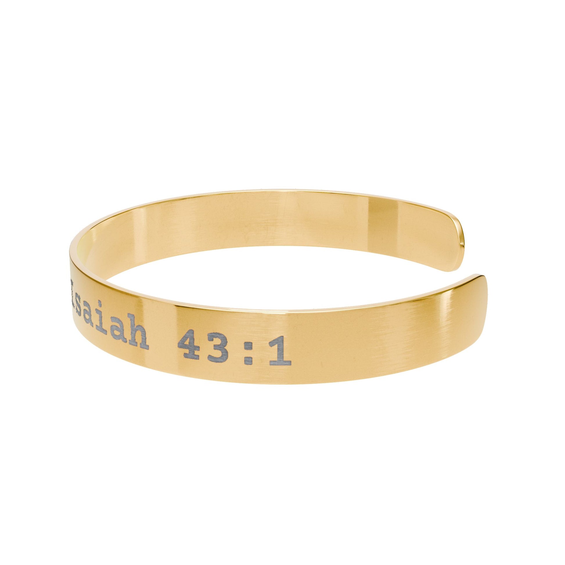 Side view of REDEEMED - Engraved Gold Cuff bracelet on a white background.