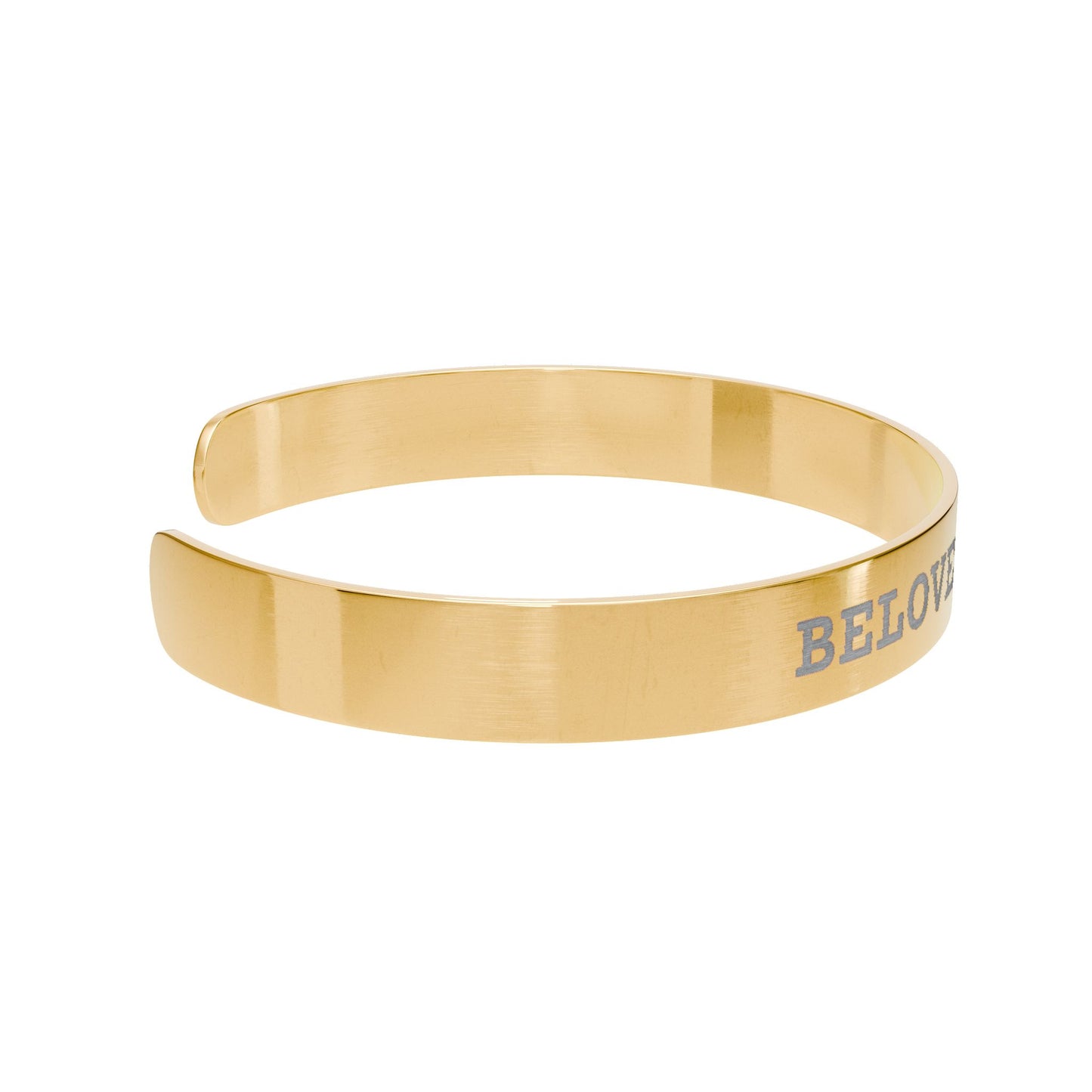 Gold cuff bracelet with 'BELoved' engraving on a white background