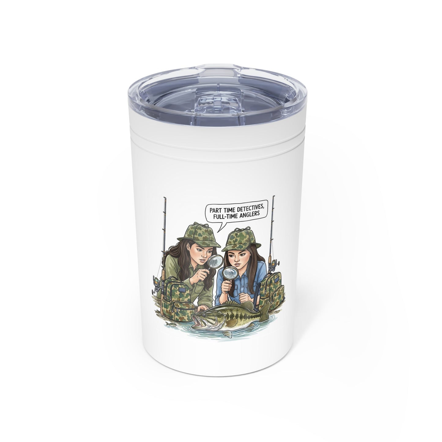 Clear tumbler with a design of two women in camouflage hats and outfits, holding microphones, on a white background.