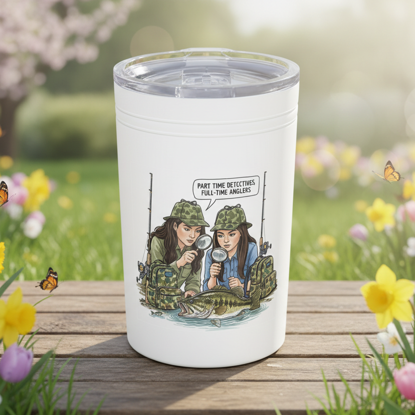 Image of white insulated tumbler on a picnic table in the spring with flowers I bloom with a cute message of 2 female detectives studying bass behavior.