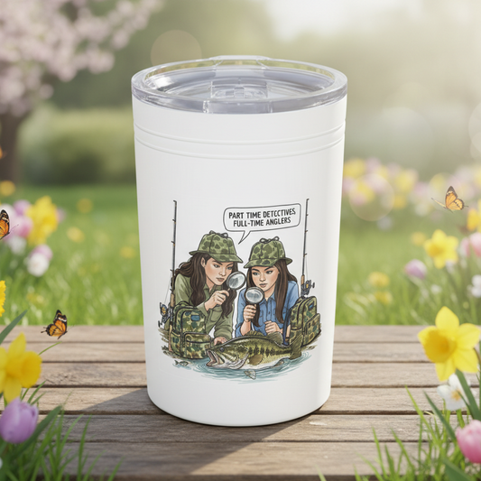 Image of white insulated tumbler on a picnic table in the spring with flowers I bloom with a cute message of 2 female detectives studying bass behavior.