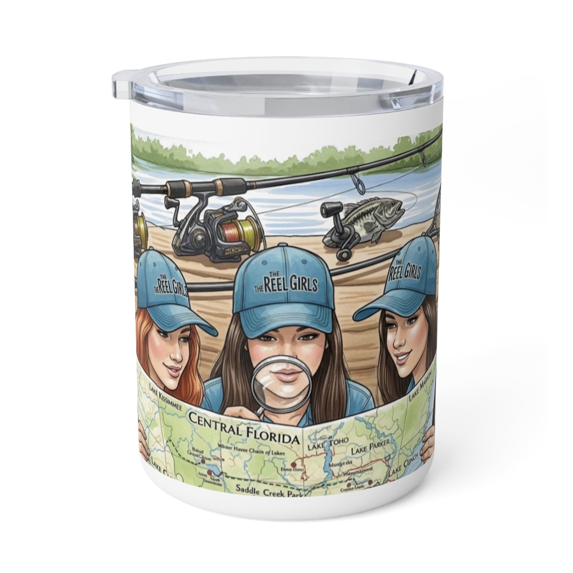 Tumbler with illustration of three women wearing 'Reel Girls' hats, fishing gear, and a map of Central Florida.