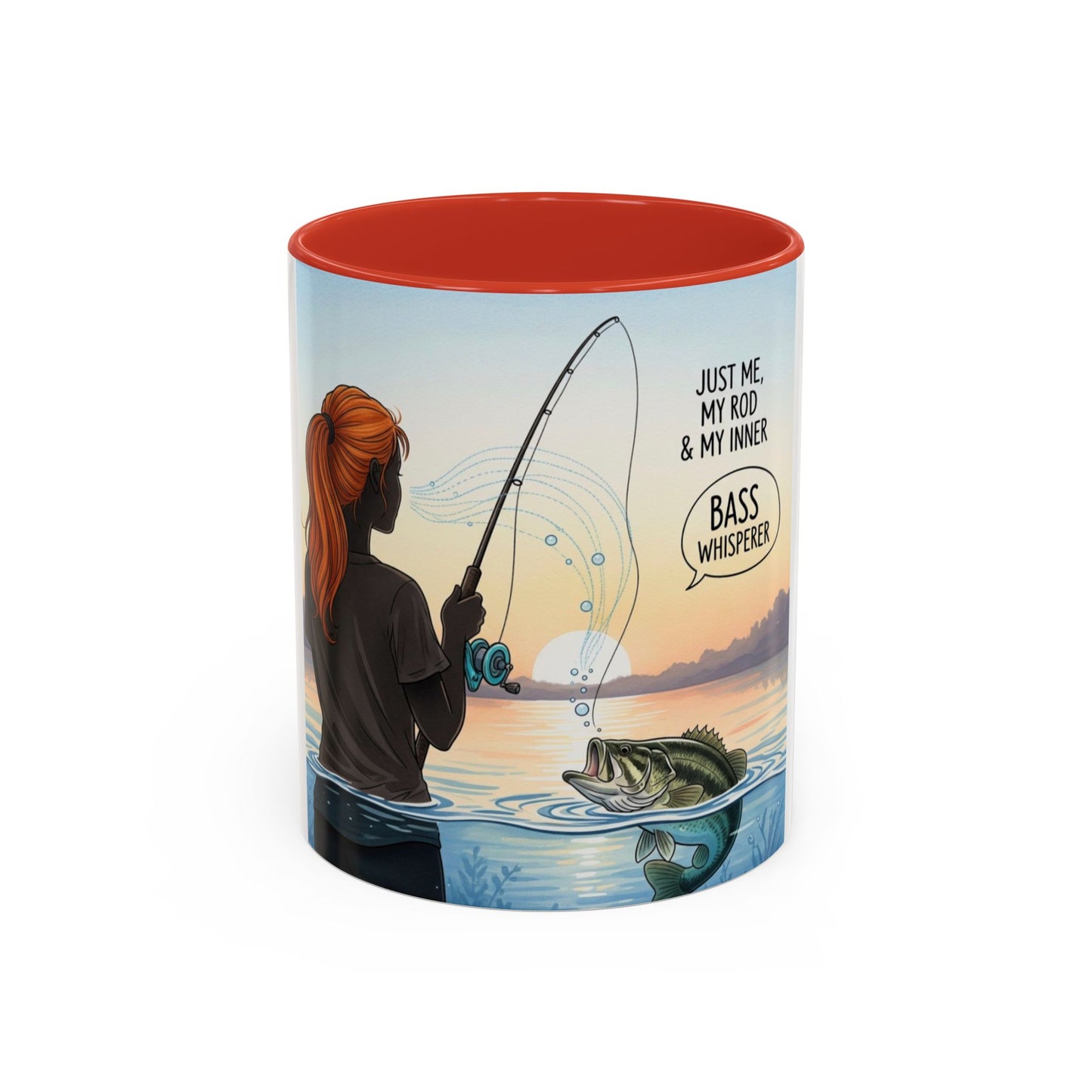 Ceramic mug with a fishing-themed design featuring a person, rod, and fish, on a white background.