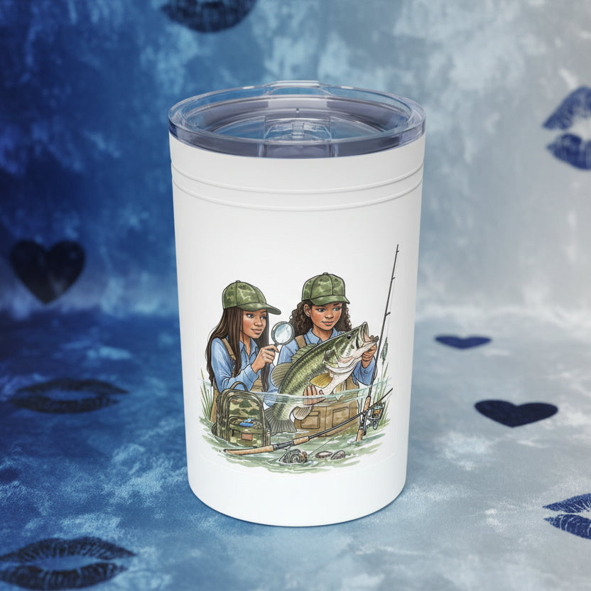 Tumbler with illustration of two women fishing on a blue textured background