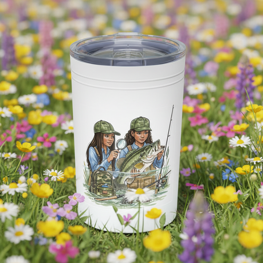 Tumbler with illustration of two women fishing in a field of flowers